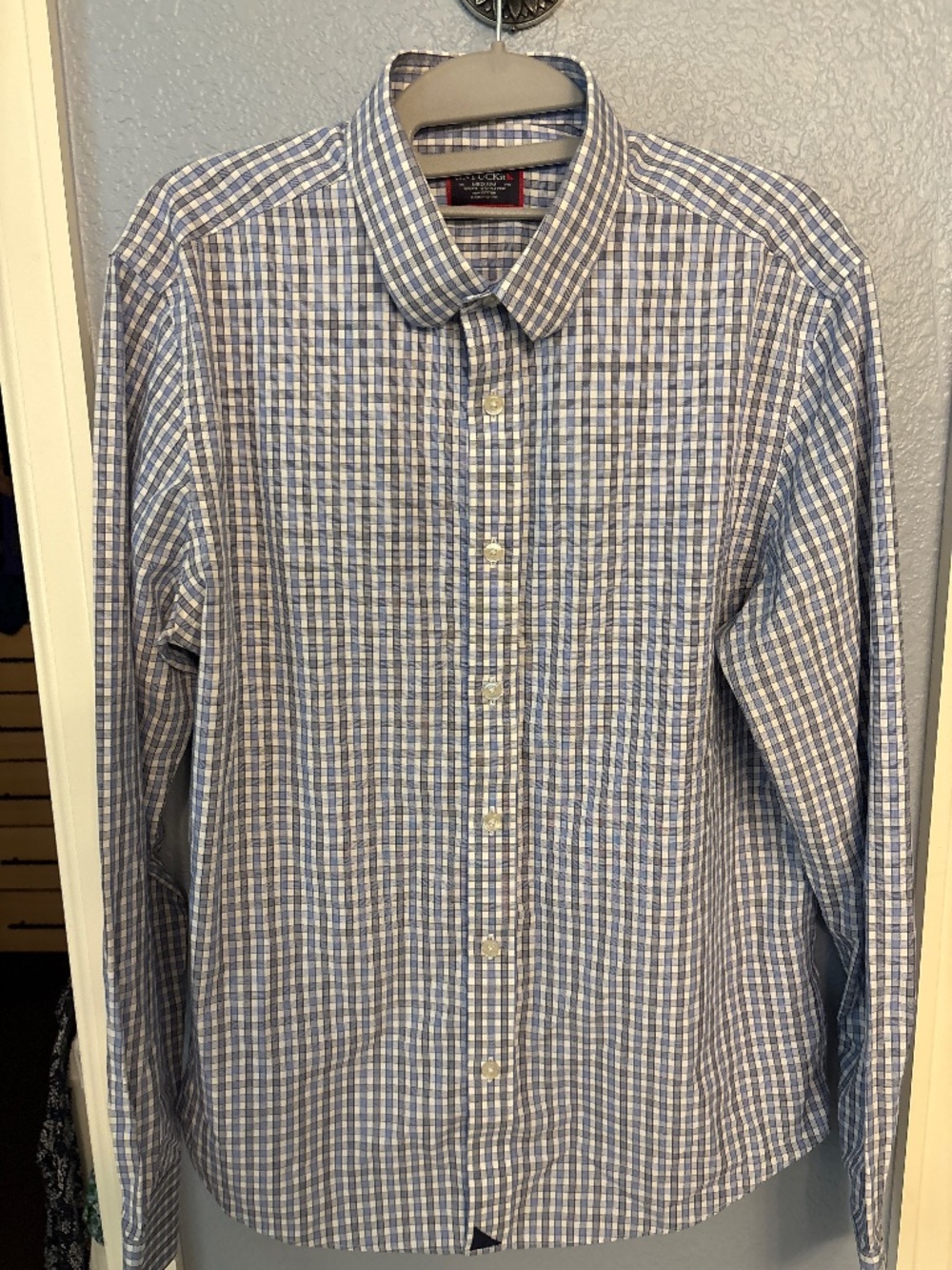 UNTUCKit brand, Men”s slim fit button down, blue and grey plaid